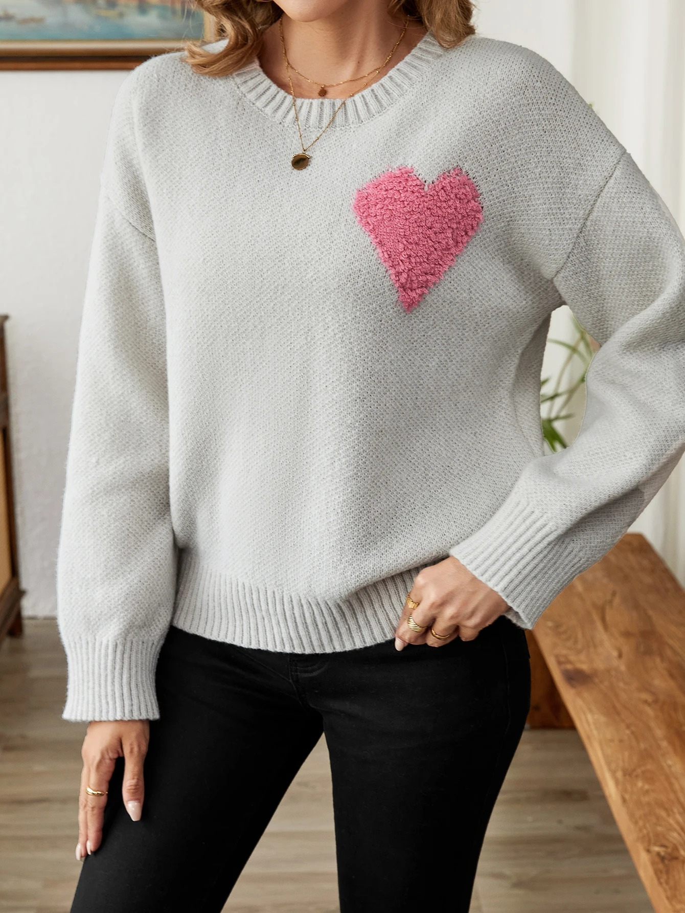 Zachte gebreide casual trui met hartpatroon voor dames – OVA